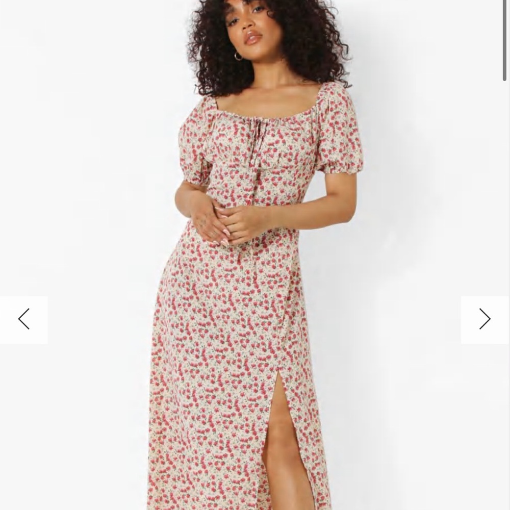 Petite puff sleeve split floral maxi dress